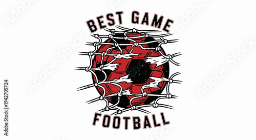Distressed soccer ball in net with text "Best Game Football" emblazoned