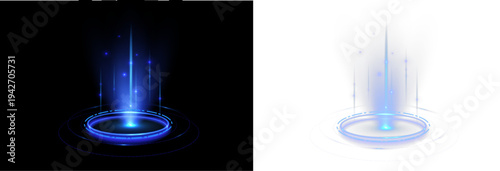 Energy vortex ring emitting bright neon blue light. Shimmering particles rotate around the holographic frame. Transparent PNG overlay for futuristic game effects.