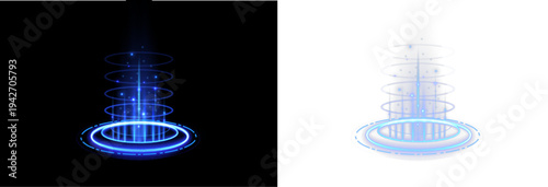 Advanced tech portal with luminous circular platform and light beam. Blue glow creates a futuristic teleport illusion. Transparent PNG for digital laboratory scenes.