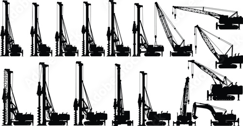 Construction drilling rigs and cranes silhouettes, pile driver machines, crawler cranes, heavy equipment collection, industrial engineering machinery set isolated vector illustration