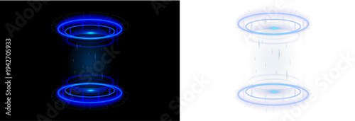Electric light portal surrounded by radiant blue glow and sparks. Circular hologram creates a digital teleport stage. Transparent PNG element for cyber technology visuals.