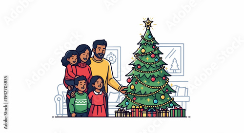 Family poses happily in front of a decorated Christmas tree with gifts