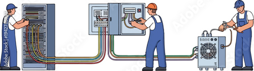 Electricians connecting various components with colorful wires and tools