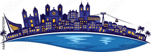 Stylized city skyline with illuminated buildings and a cable car by the water