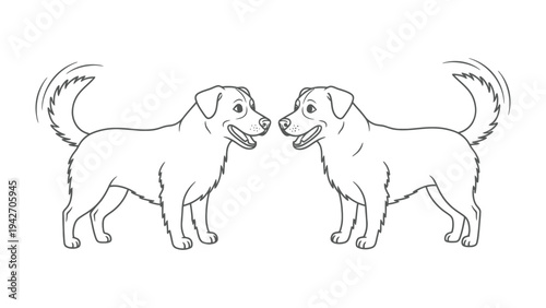 Mirror Dogs: Two identical dog sketch, mirrored, facing each other with wagging tail in symmetrical composition.