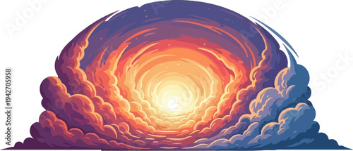 Fiery, swirling clouds ascend toward a bright, luminous sun