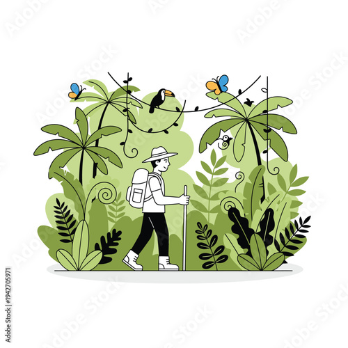 Adventurous hiker exploring a lush jungle environment.