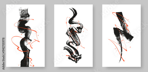 xAbstract black ink brush stroke with bright paint splash on white background. Dynamic grunge paint smear and bold calligraphic swoosh texture banner.