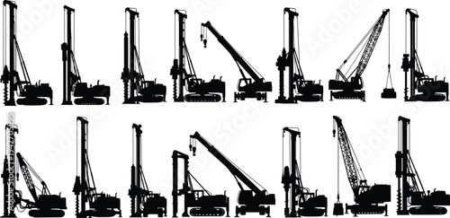 Construction drilling rigs and pile driver machines silhouettes set, heavy foundation engineering equipment cranes collection, industrial construction machinery icons isolated on white