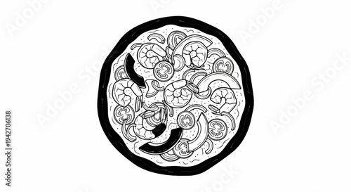 Hand-drawn pizza with shrimp, tomatoes, and avocado slices