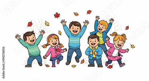 Happy children playing and jumping amidst falling autumn leaves