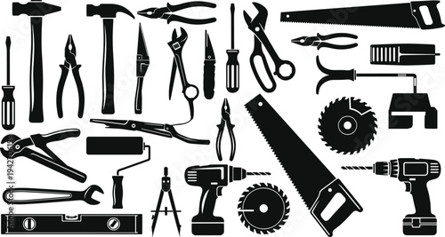 Hand tools silhouettes set with hammer pliers screwdriver saw drill wrench construction equipment collection, carpentry repair toolkit icons isolated on white background