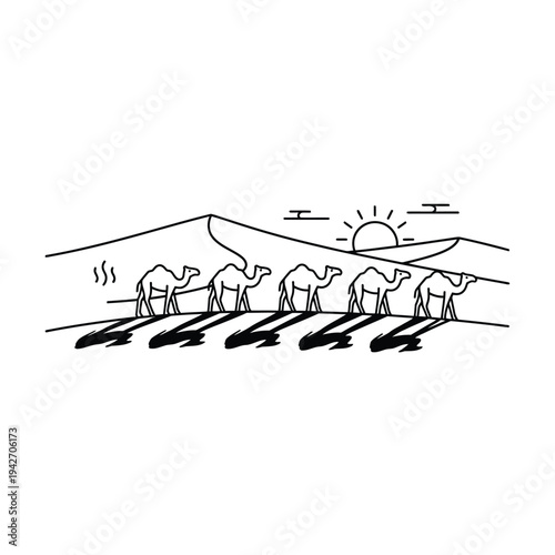 Caravan of camels walking across desert landscape.