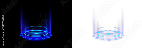 Advanced holographic ring shining with neon blue light. Floating energy particles form a magical sci-fi frame. Transparent PNG graphic for game design.