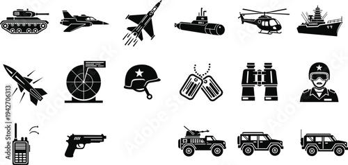 Military icons set with tank fighter jet missile submarine helicopter warship weapons and army equipment silhouettes isolated on white background