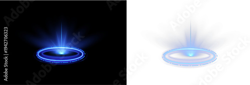 Neon energy circle glowing with electric blue light. Vertical beam suggests teleportation or sci-fi transport device. Transparent PNG overlay for cyberpunk graphics and game design.