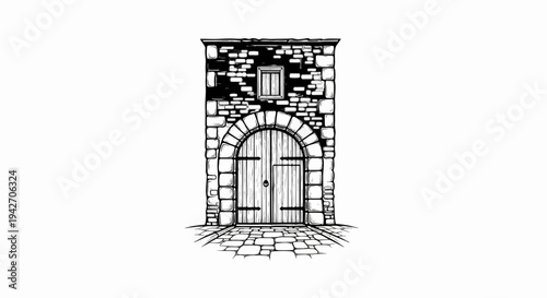 Ornate arched wooden doorway set in rough stone castle wall, stone path