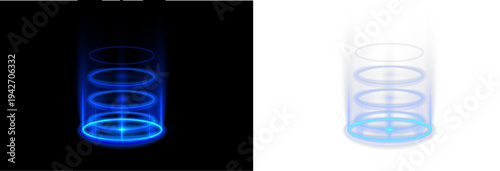 Holographic gateway with glowing neon edges and energy particles. Circular stage suggests futuristic teleportation technology. Transparent PNG for game HUD and sci-fi graphics.