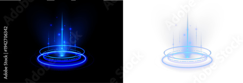 Radiant cyber gateway formed by luminous blue rings and digital light beams. Energy particles spin around the portal frame. Transparent PNG element for futuristic UI and gaming visuals.