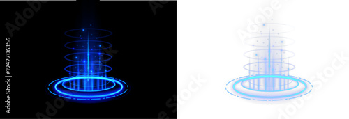 Cyberpunk teleport platform made of glowing blue light rings. Bright beam rises through the center like a digital elevator. Transparent PNG for futuristic interface design.