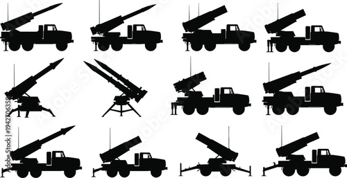 Military missile launcher truck silhouettes set, mobile rocket artillery and air defense systems, army weapon vehicles collection isolated on white background