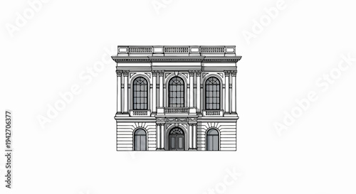 Ornate building facade with classical architectural details and arched windows
