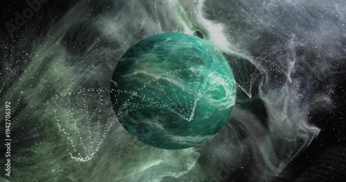 Particles intensifying, dotted arcs forming helix lattice over planet, tech demo for designers