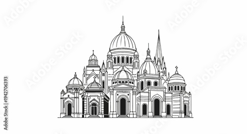 Ornate building with multiple domes and spires, rendered in a detailed line art style