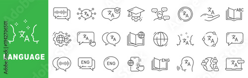 Language outline icon set featuring translation, multilingual communication, speech recognition, global localization and interpreter services editable stroke line design