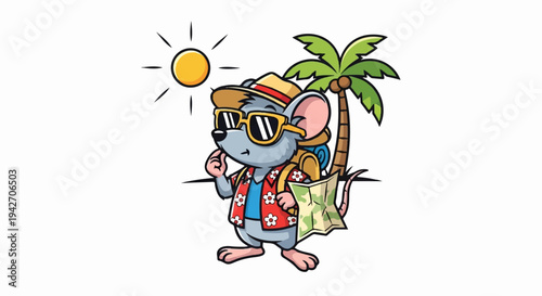 Cartoon mouse in summer attire with map and backpack near palm tree