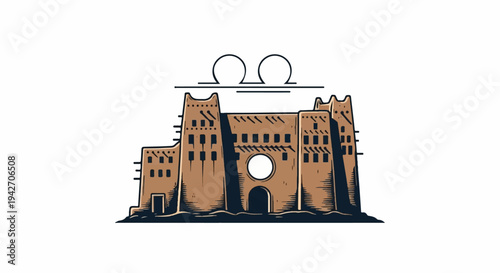 Stylized illustration of a sandy-colored, multi-story building with an arched entrance and a circular window