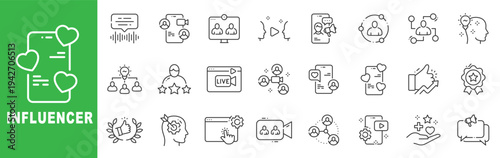 Influencer outline icon set featuring social media creator, live streaming, audience engagement, branding, digital marketing and online promotion symbols editable stroke line design