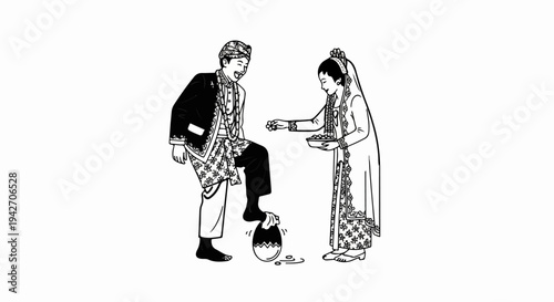 A wedding couple in traditional attire, the groom steps on an egg