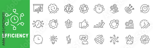 Efficiency outline icon set featuring productivity, optimization, workflow, time management, automation and performance improvement symbols editable stroke line design