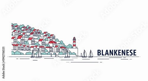Seaside village with red-roofed houses, lighthouse, and sailboats