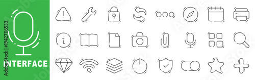 Interface outline icon set featuring UI UX controls, navigation menu, security lock, calendar, search, toggle switch and dashboard elements editable stroke line design