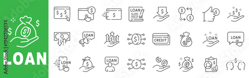 Loan and credit outline icon set with lending services, interest rate, online application, banking transaction, repayment, borrower support and financial growth symbols editable stroke design