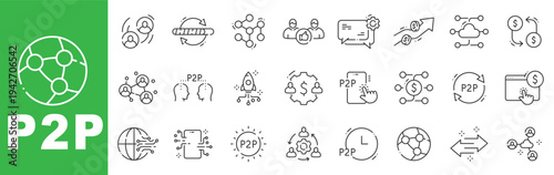 P2P peer to peer outline icon set featuring decentralized network, digital payment, online money transfer, fintech solutions