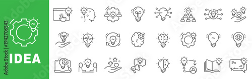 Idea outline icon set featuring innovation, creativity, brainstorming, smart solution, collaboration and technology concept symbols editable stroke line design