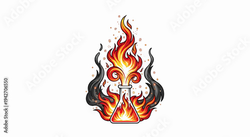 Pixelated flask with fiery explosion and smoke, sparks surround