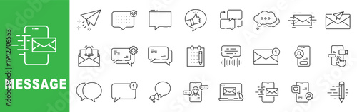 Message and digital communication outline icon set featuring chat bubbles, email inbox, notification alerts, voice messages, customer support, online messaging app