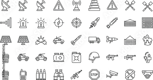 Military security technology line icons set with missile rocket radar satellite antenna weapons surveillance camera solar panel server defense symbols outline vector