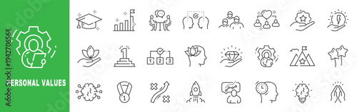 Personal values and self development outline icon set featuring integrity, teamwork, leadership, achievement, mindset growth, motivation
