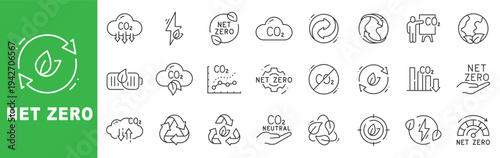 Net zero and carbon reduction outline icon set featuring CO2 emission control, renewable energy transition, sustainability strategy, carbon neutral targets, recycling process