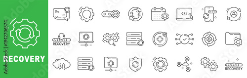 Recovery and system restore outline icon set featuring backup process, disaster recovery, cloud synchronization, software update