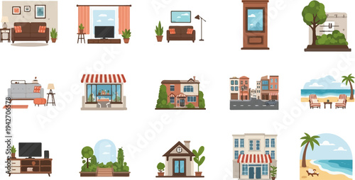 Pixel art scenes indoor lounges, storefronts, houses, cityscapes, and beaches