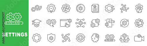 Settings and configuration outline icon set featuring system preferences, security management, workflow automation, troubleshooting, maintenance