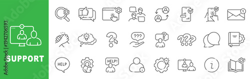 Support outline icon set with customer service, technical assistance, help desk, live chat, troubleshooting and 24/7 support in editable stroke line style