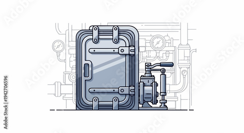 Stylized industrial door with pipes and pressure gauges in a monochromatic palette