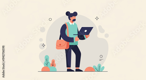 A stylized person with a messenger bag uses a laptop in a simple scene